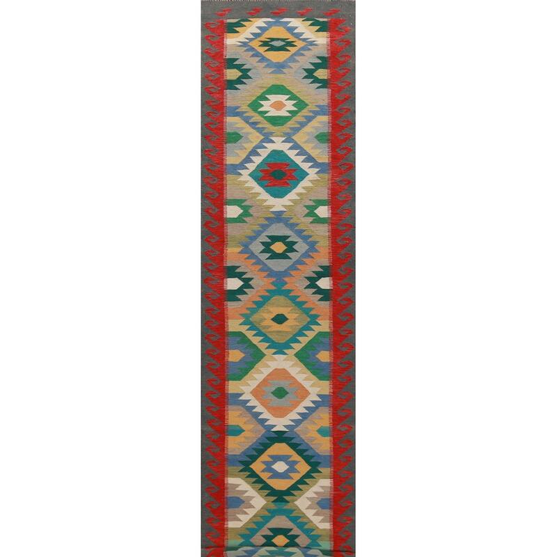 Hand Woven Oriental 100% Wool Carpet Southwestern Geometric Multi-Colored Kilim Runner Rug - 16' 8'' X 2' 9''
