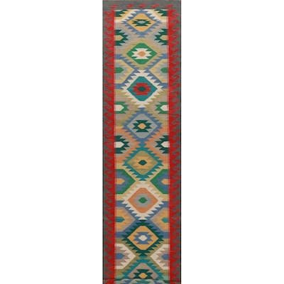 Hand Woven Oriental 100% Wool Carpet Southwestern Geometric Multi-Colored Kilim Runner Rug - 16' 8'' X 2' 9''