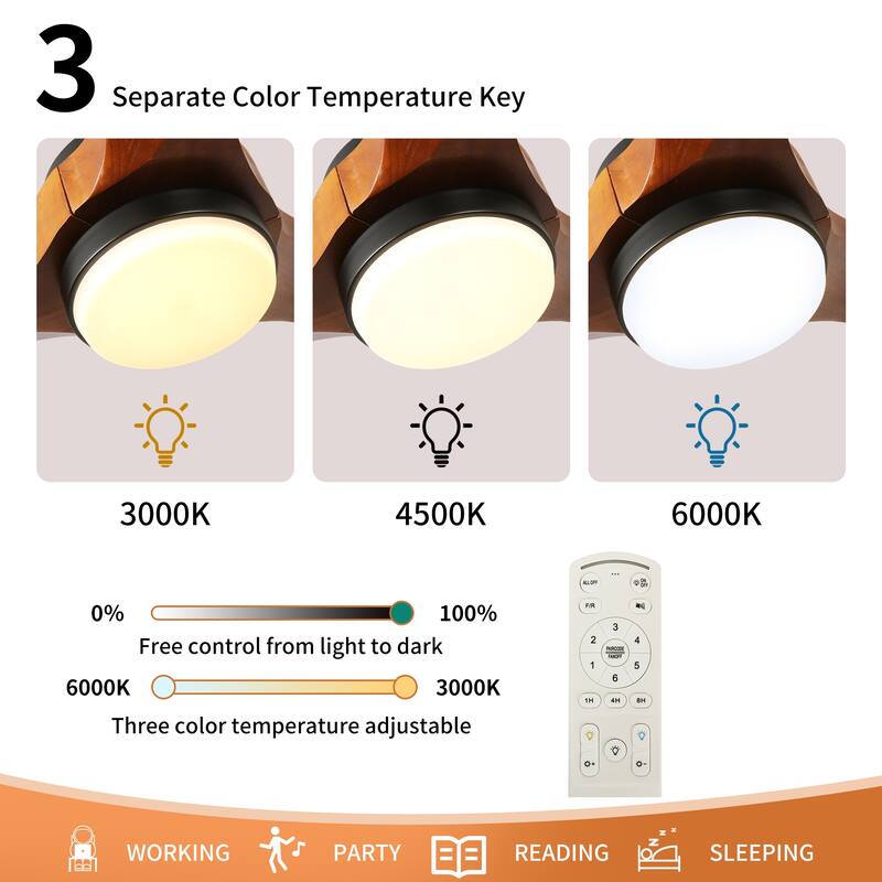 Quiet Reversible DC Motor with 3-Speed Timer and 3 Color-Changing Lights, Wood Ceiling Fan with Lights and Remote