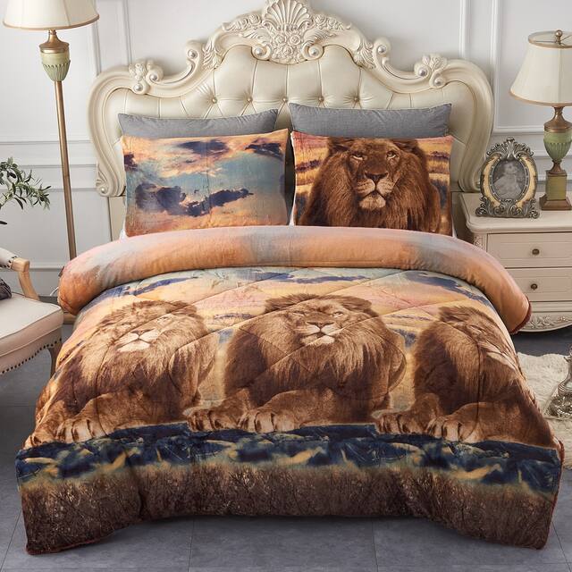 3-Piece Floral Printed Sherpa-Backing Reversible Comforter Set