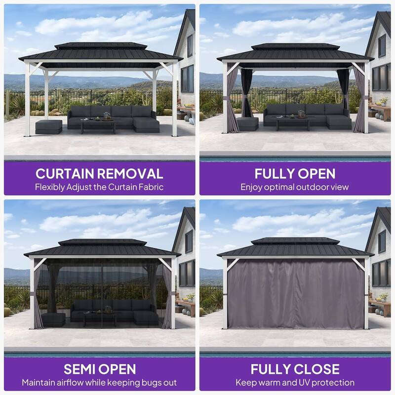 PURPLE LEAF Patio Hardtop Gazebo for Outdoor Grey Galvanized Steel Double Roof White Aluminum Poles