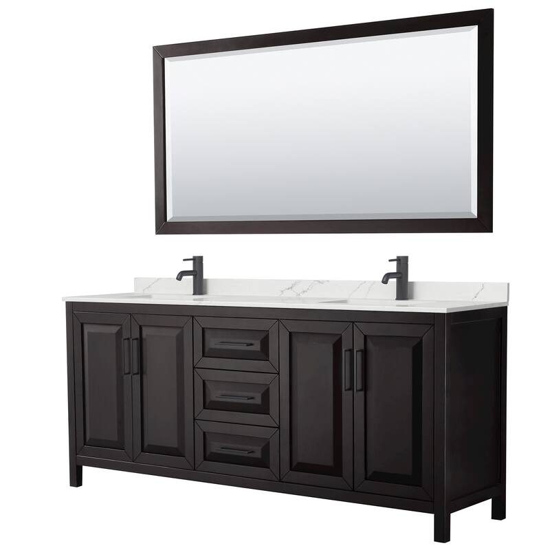 Daria 80-inch Double Vanity, Single Hole Quartz Top, 70-inch Mirror - Dark Espresso, Black Trim, Giotto Quartz Top