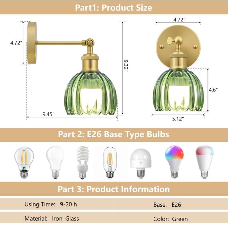 Adjustable Vintage Wall Sconce with Amber Tulip Glass Brass Fixture with Switch Ideal for Bedroom Hallway or Entry