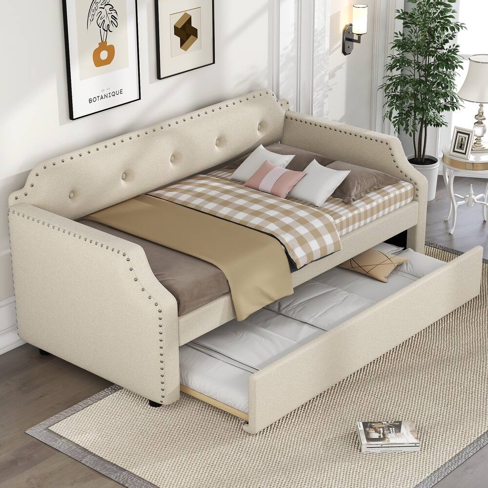 Roomfitters Upholstered Daybed with Trundle, Wood Slat Support and Sofa Bed Frame, Twin