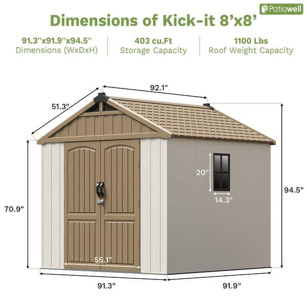 dimension image slide 4 of 10, Patiowell 8' x 6' / 8' x 8' / 8' x 10 '/ 8' x 12' Plastic Outdoor Shed With Floor for Patio Furniture, Tools (Kick-It Shed)