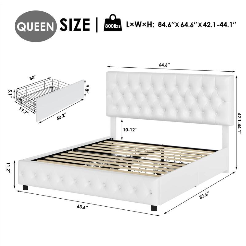 Modern Upholstered Bed Frame with 4 Drawers, Button Tufted Headboard Design, Solid Wooden Slat Support, Easy Assembly