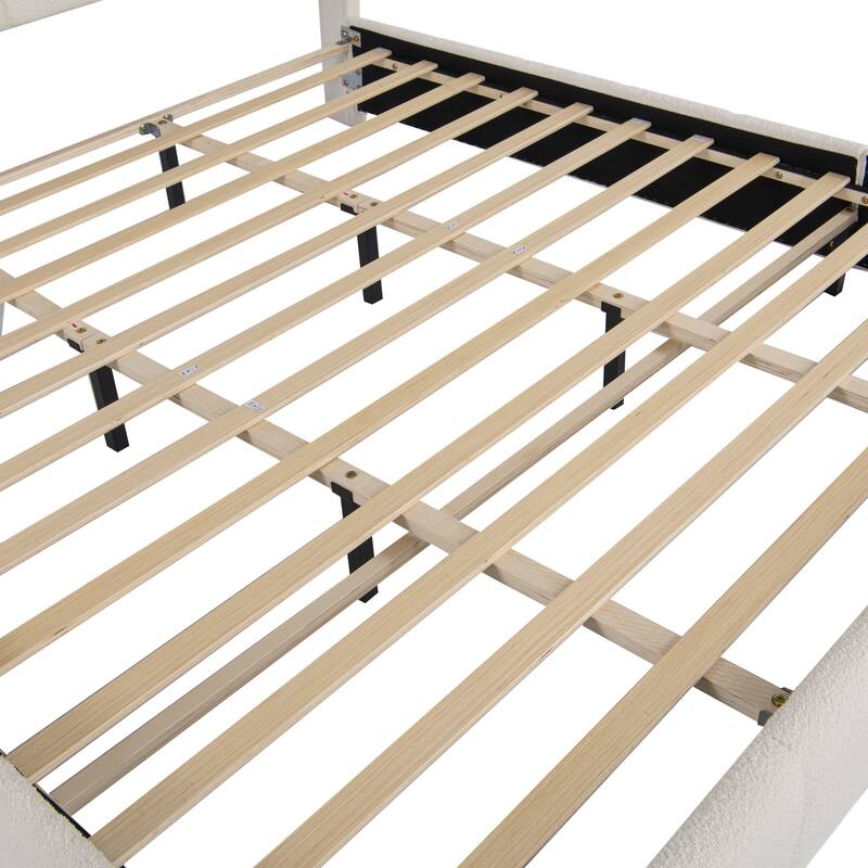 Roomfitters King Size Boucle Upholstered Platform Bed with Curved Headboard and Soft Rounded Frame, Beige