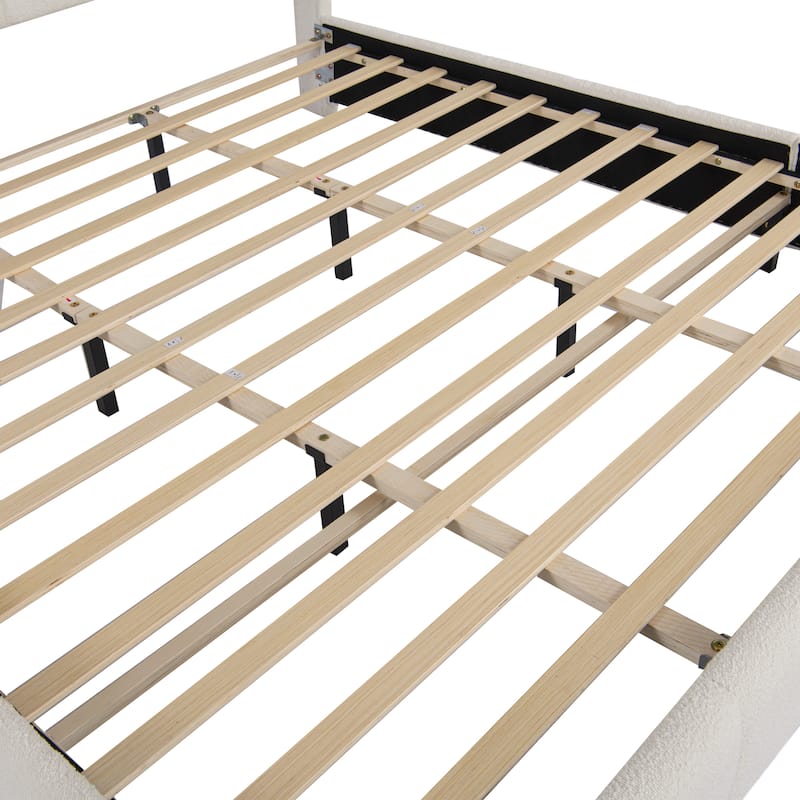 Upholstered Platform Bed w/Curve-Shaped Design Headboard, Soft Boucle Fabric Bed Frame, Wood Slats Support, Easy Assembly, Beige