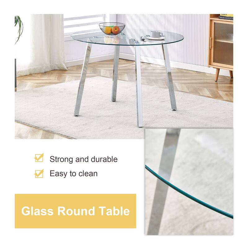 7-Piece Dining Table Set for 6, Round Glass Dining Table Set with 6 Faux Leather Chair for Family Dining Areas