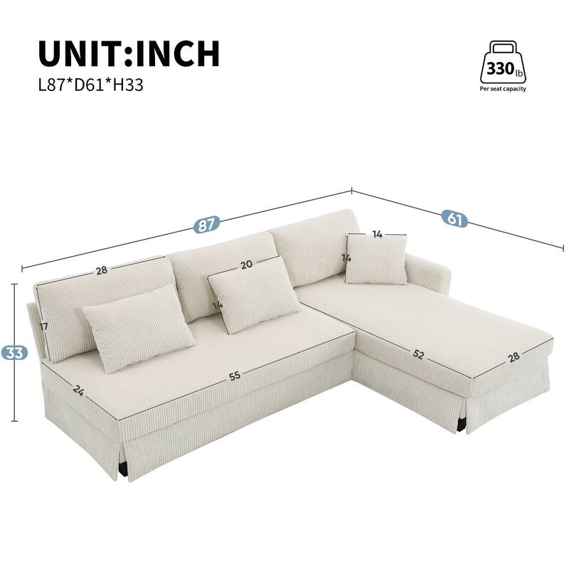 87X61"Modern L-shaped Corduroy Sofa with Reversible Chaise, 4-seat Upholstered Sectional Indoor Furniture for Living Room