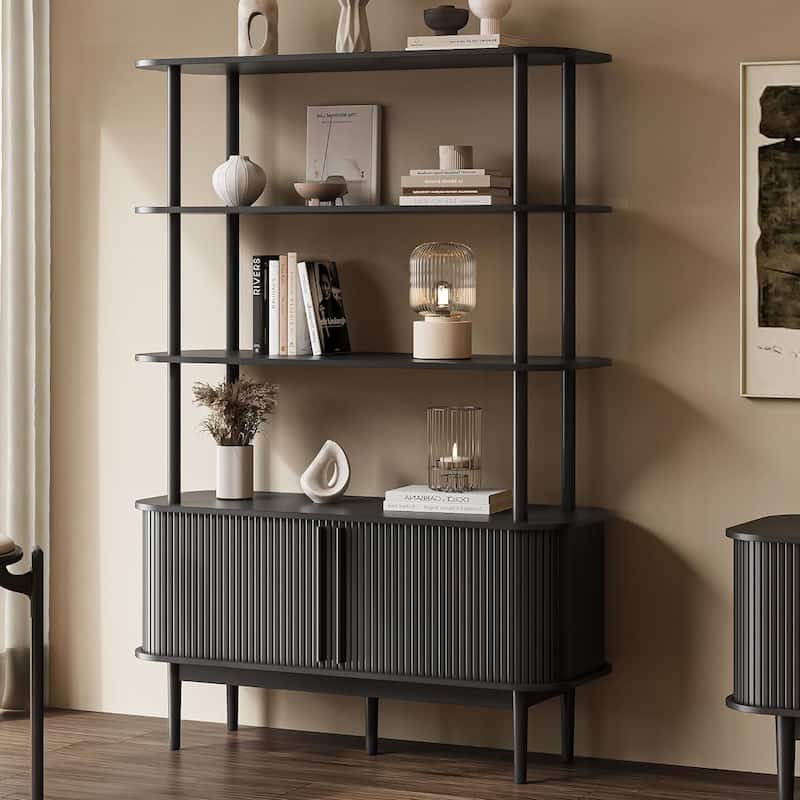 Bookshelf with Sliding Tambour Doors, Mid Century Modern Bookshelf with Storage, Wooden Open Display Shelf