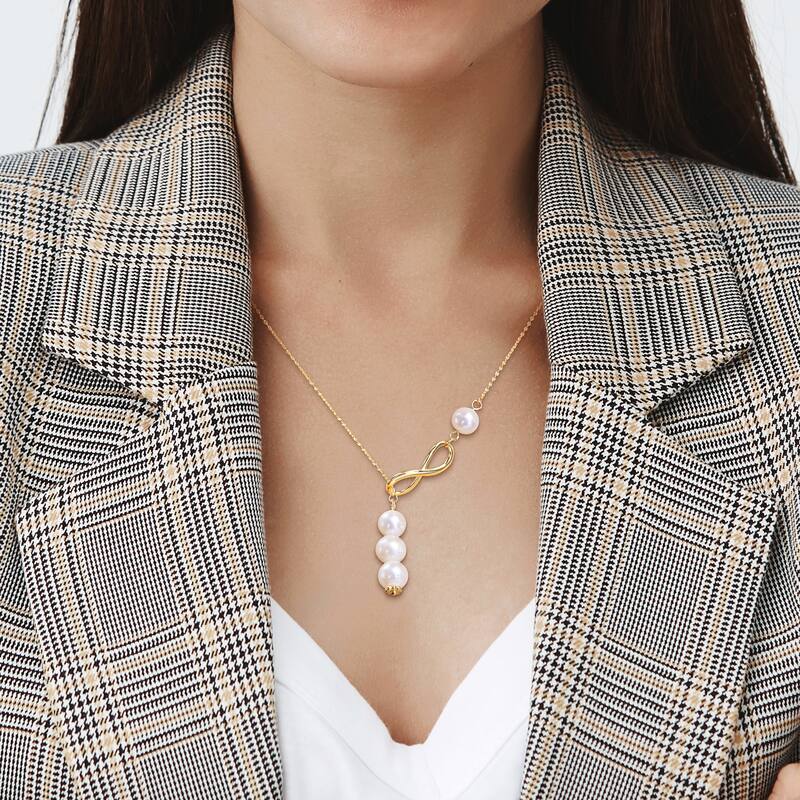 Miadora 8-9mm Cultured Freshwater Pearl Infinity Lariat Yellow Plated Sterling Silver