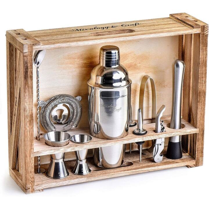 Mixology & Craft 11-Piece Bartender Kit with Wood Stand Crate, Silver - 14.7 inches x 4 inches x 11.5 inches - 14.7 inches x 4 inches x 11.5 inches