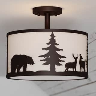 Acadia 13-in W Bronze Rustic Semi Flush Mount Ceiling Light White Linen Deer Tree - 13-in W x 11.25-in H x 13-in D