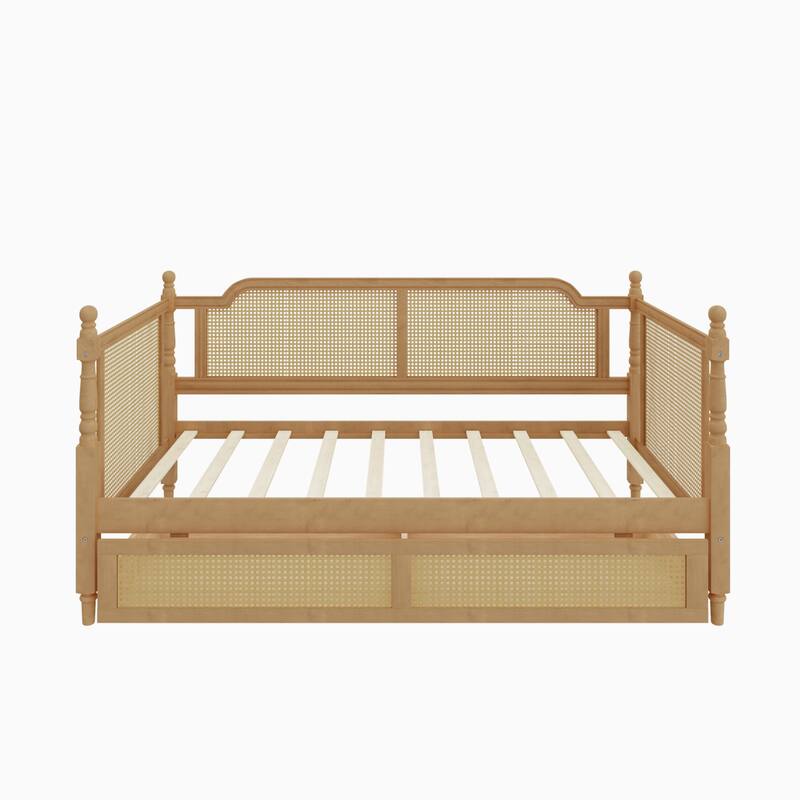 Rattan Frame Daybed with Pull-out Storage Drawers Bookcase Bed - Wooden Sofa Bed with Trundle Bed Platform Bedframe - Open Bed