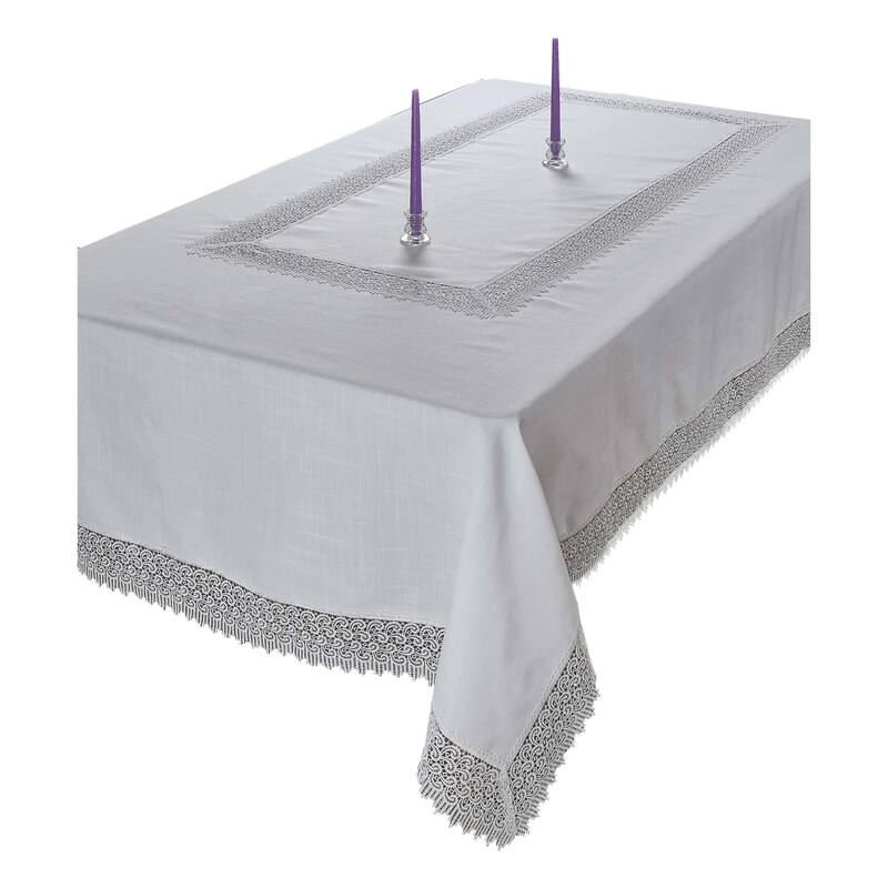 Violet Linen Treasure Macrame Lace - Linen Look - Pattern Tablecloth - 70" X 180" - White