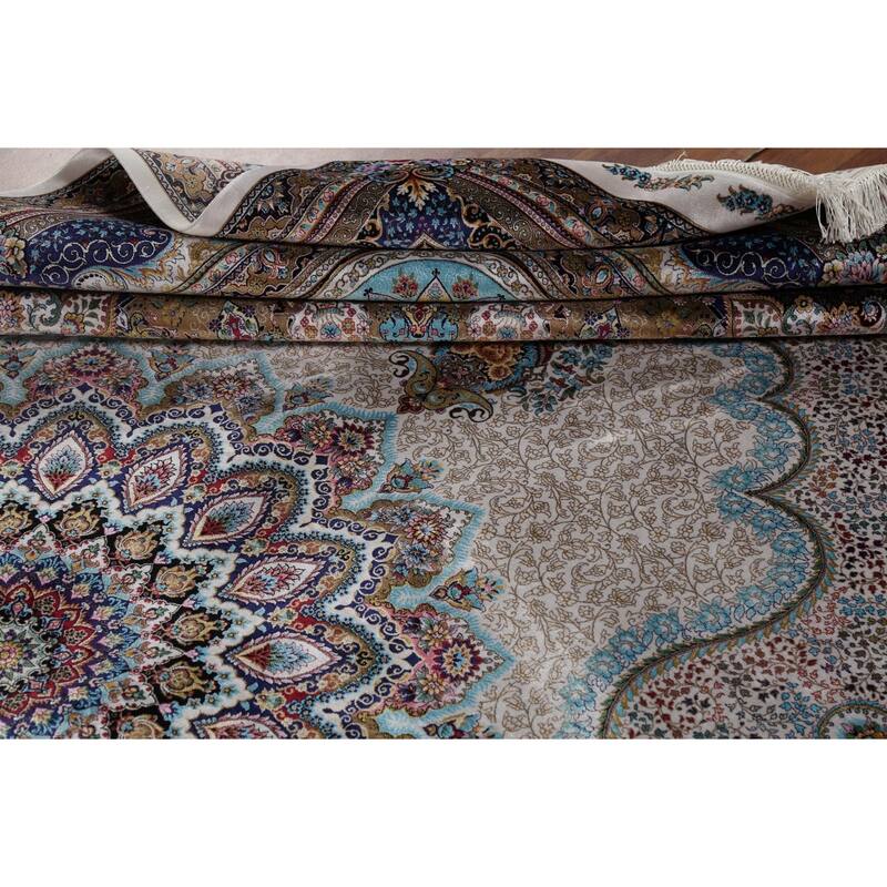 Victorian Style Qum Turkish Area Rug Beige Machine Made Carpet - 7'8" x 11'1"