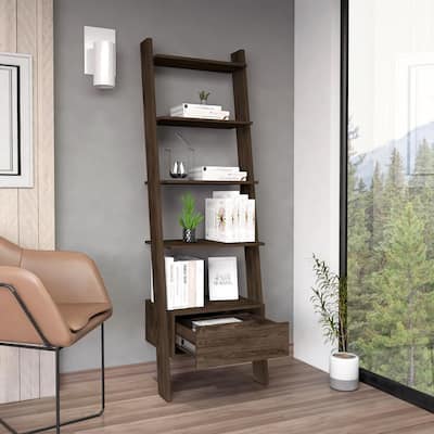 Ladder Bookcase, One Drawer, Five Open Shelves, Dark Walnut Finish