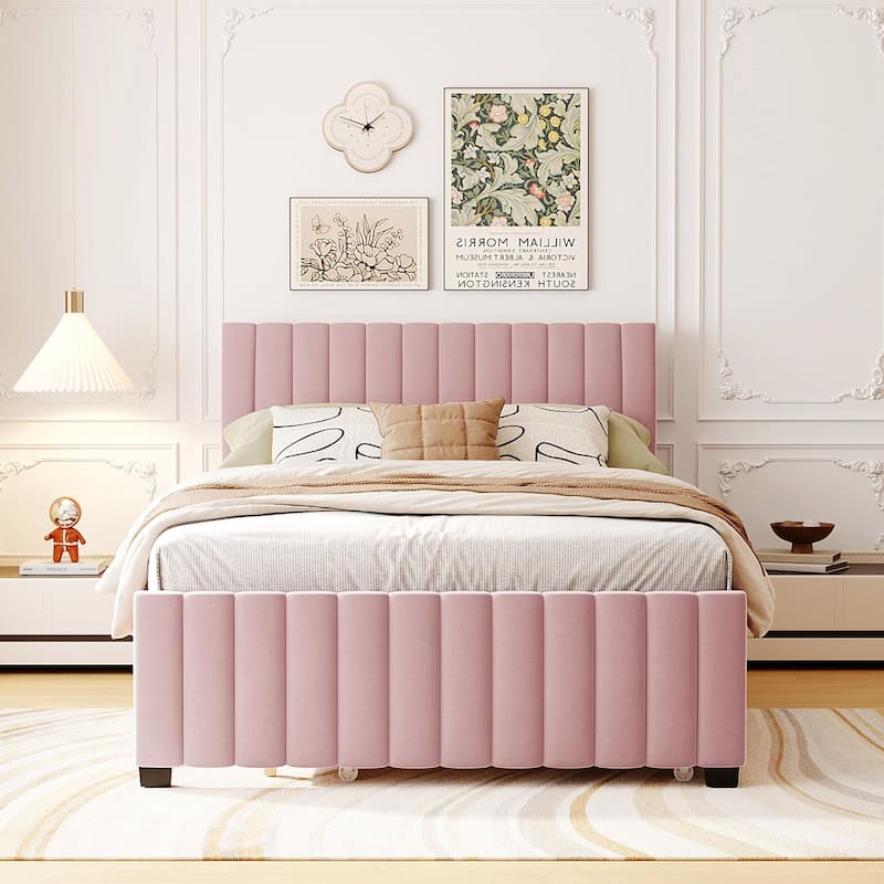 Full Size Platform Bed Stylish Velvet Upholstered Bed Frame with Headboard and Footboard & Pull Out Twin Size Trundle - Pink - Full