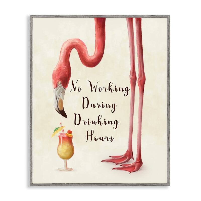 Stupell No Working During Drinking Hours Phrase Tropical Flamingo Framed Giclee Texturized Art by Ziwei Li - 16 x 20 - Grey