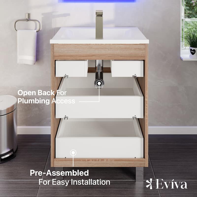 Joy 24"W Maple Freestanding Bath Vanity with Porcelain Top & Integrated Sink