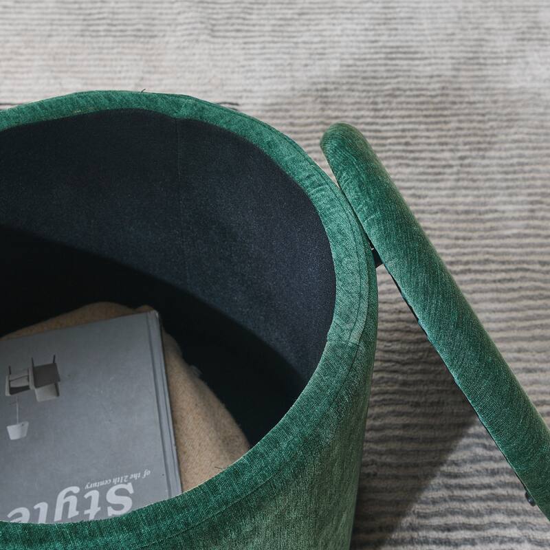 Roomfitters 2-Piece Round Chenille Storage Ottoman Set with Drum-Shaped Stool and MDF Top, Hidden Compartment