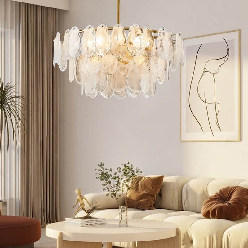 Modern Gold Cloud Glass Chandelier, 23.6" 3-Tier Round Crystal Pendant Light, 9-Light Luxury Ceiling Fixture for Dining Room