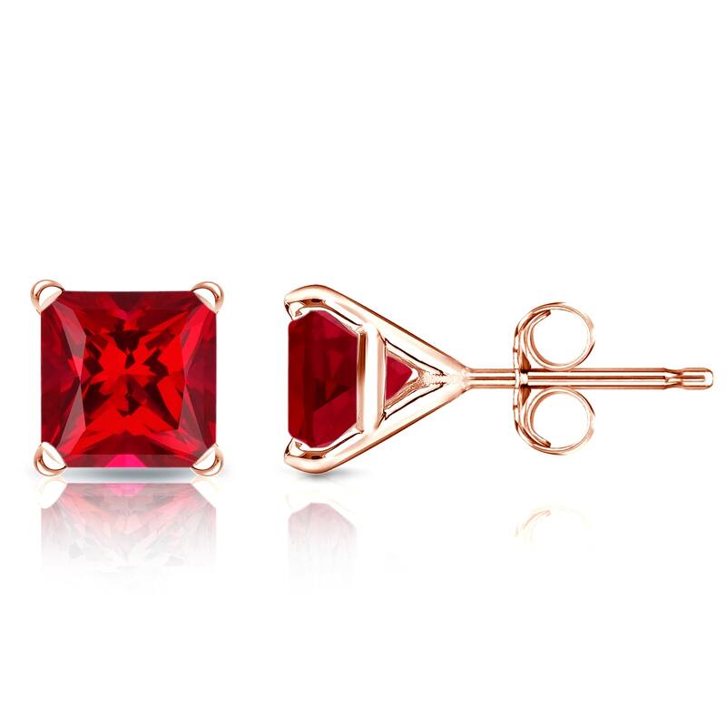 Auriya 14k Gold Lab Grown Gemstone Ruby Stud Earrings Princess 0.25 to 5.00 ct. tw. 4-Prong Martini Push-Back - 0.90ct tgw. - Rose