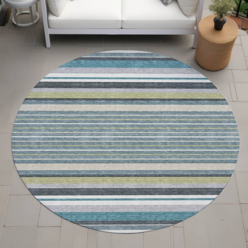 Machine Washable Indoor/ Outdoor Modern Stripes Chantille Rug - Teal - 8' x 8'
