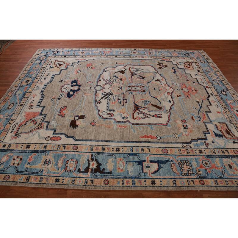 Hand Knotted Oriental 100% Wool Carpet Transitional Medallion Beige & Ivories Oushak Area Rug - 9' 7'' X 8' 0''