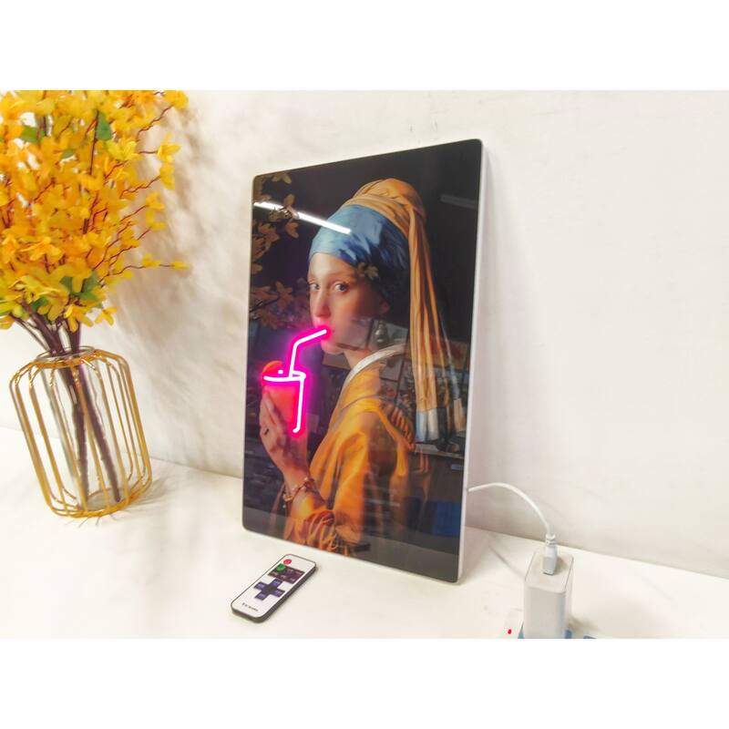 Neon Style LED Wall Art - Girl with a Pearl Earring Acrylic Print with Lighted Drink Effect