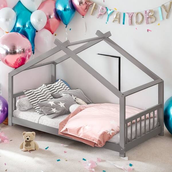 slide 2 of 9, Twin Size House Bed Wood Bed,Solid Construction Grey