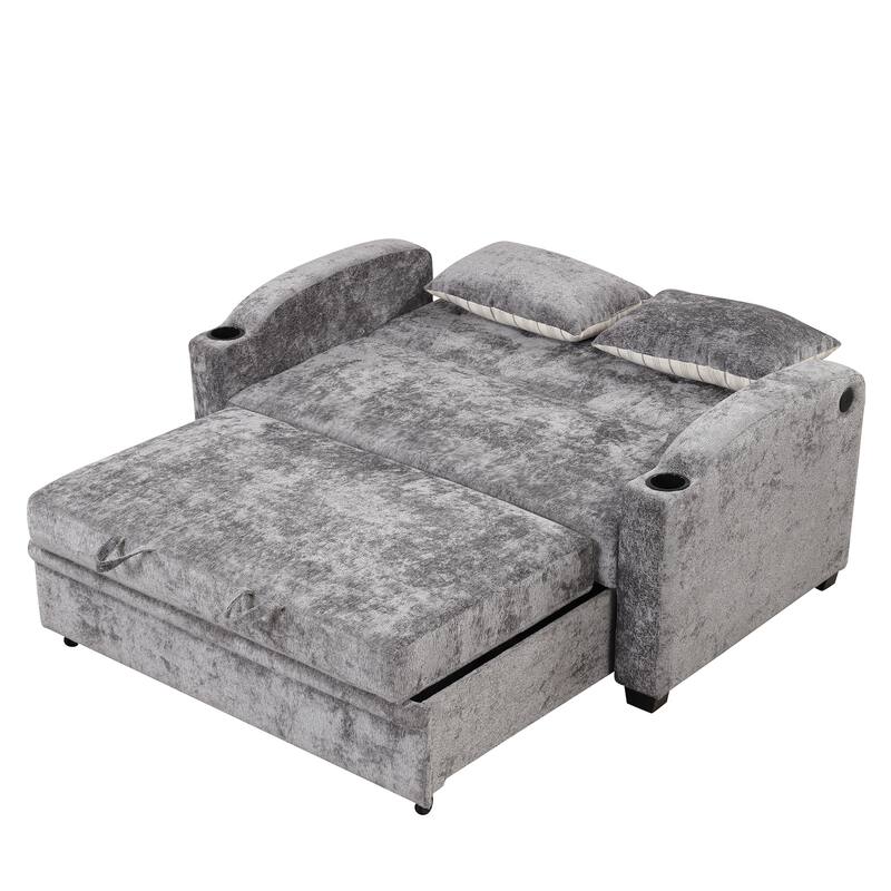 Chenille Convertible Loveseat Sofa Bed with Adjustable Backrest, USB Ports, and Cup Holders