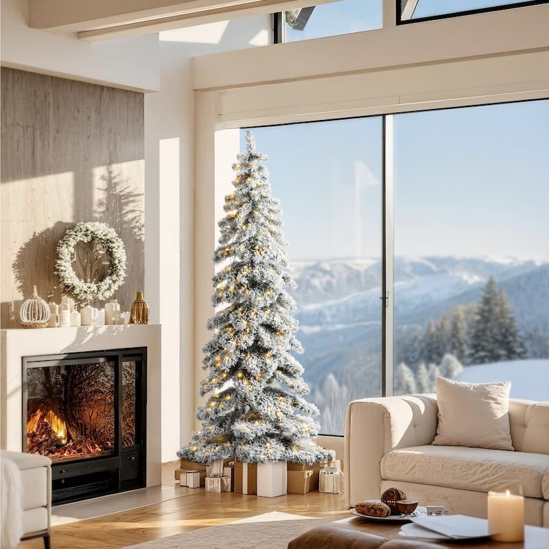 Glitzhome 7.5ft/9ft/12ft Pre-Lit Flocked Layered Spruce Artificial Christmas Trees