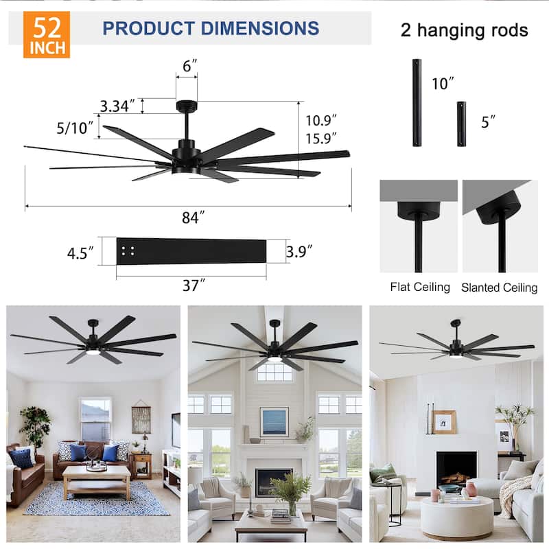 84 Inch 8 PCS Plywood Reversible Blades Ceiling Fan With Light Kit 3 Color Dimmable LED, DC 6 Speed