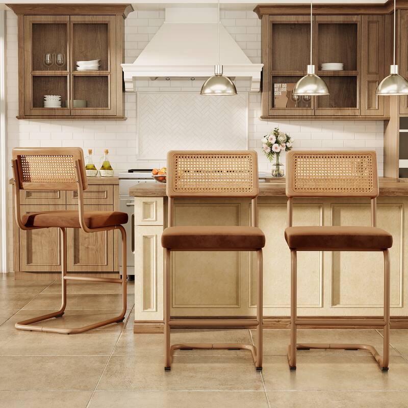 26" Counter Height Bar Stool with Velvet Upholstered Seat and Woven Rattan-Style Back - 26" H - Brown Velvet