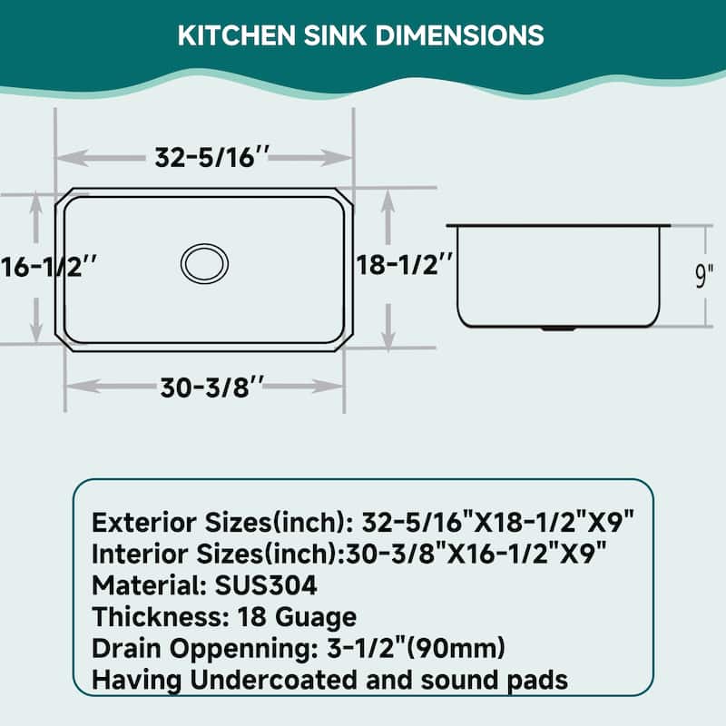 CB HOME 32" Classic Drop-in Topmount Extra Wide Large Kitchen Sink, Undermount Kitchen Sink - 32''x18.5''x9''