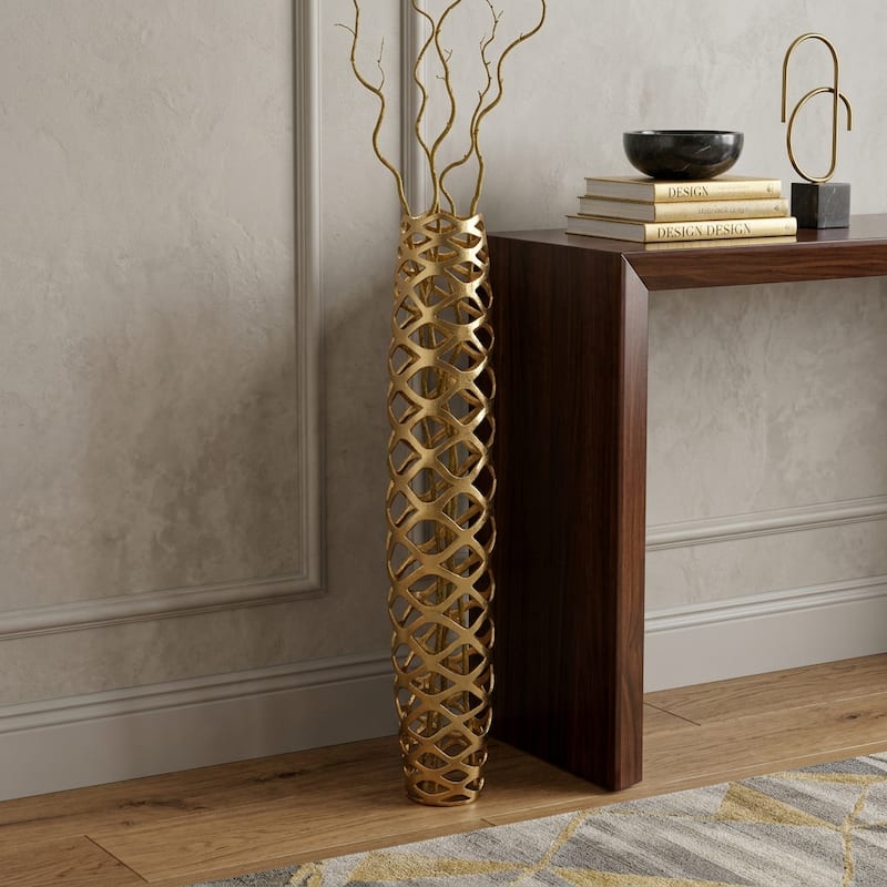 47" Gold Aluminum Pierced Geometric Cylinder Floor Vase - 9.00 - Gold - 9.00