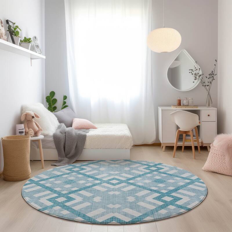 Machine Washable Indoor/ Outdoor Chantille Contemporary Trellis Rug - Teal - 8' x 8'