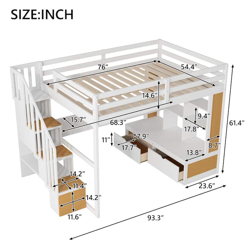 Full Size Loft Bed with Desk, Shelves, Drawers, and Storage Staircase in White and Natural
