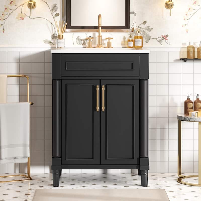 Roomfitters 24" Bathroom Vanity with Sink, Freestanding Single Sink Cabinet with Ceramic Basin and Double Door Storage, Black