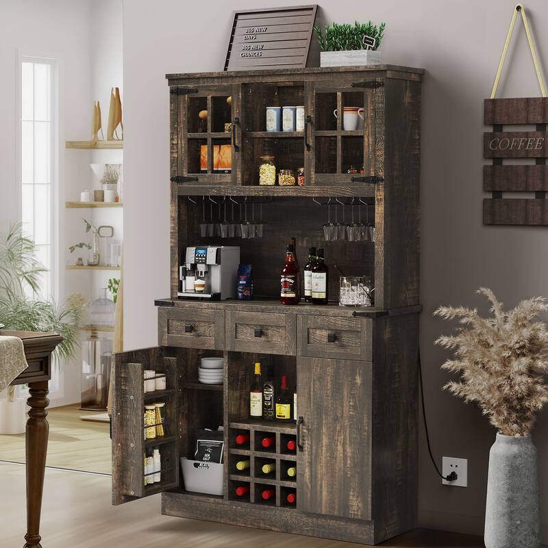 Moasis 72'' Kitchen Storage Cabinet Pantry Cupboard with Charging Station and 3 Drawers