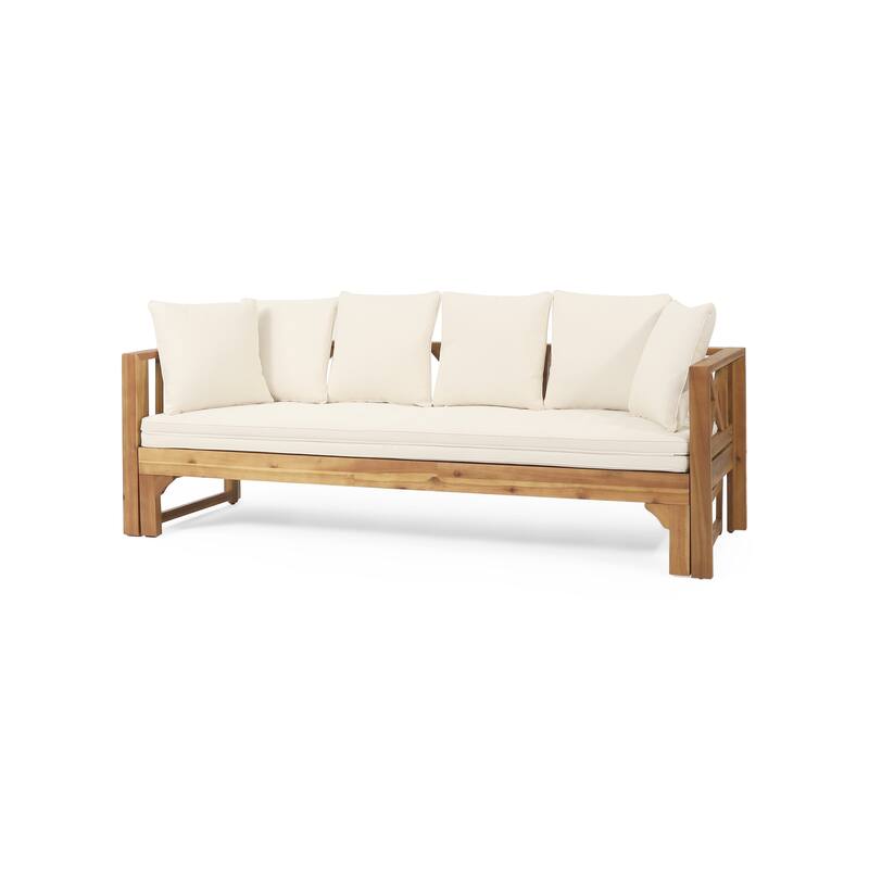 Outdoor Extendable Acacia Wood 3 Seater Sofa, Upholstered Cushion Couch, Daybed Sofa Chair, Spacious Seating Lounge Chair