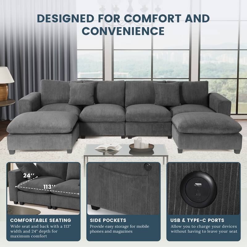 Hamilton 6-Piece Corduroy Upholstered Modular Sectional with USB Port