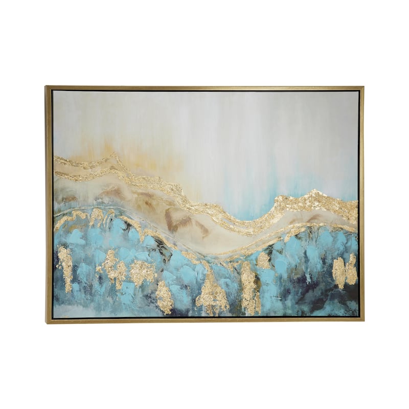 Canvas Abstract Wave Framed Wall Art with Gold Foil Accents - Blue - Roche River Decor - Gold