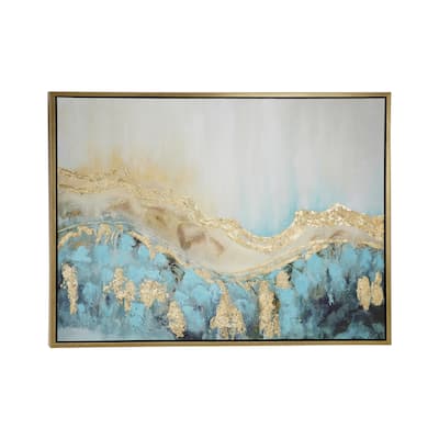 Canvas Abstract Wave Framed Wall Art with Gold Foil Accents - Blue - Roche River Decor
