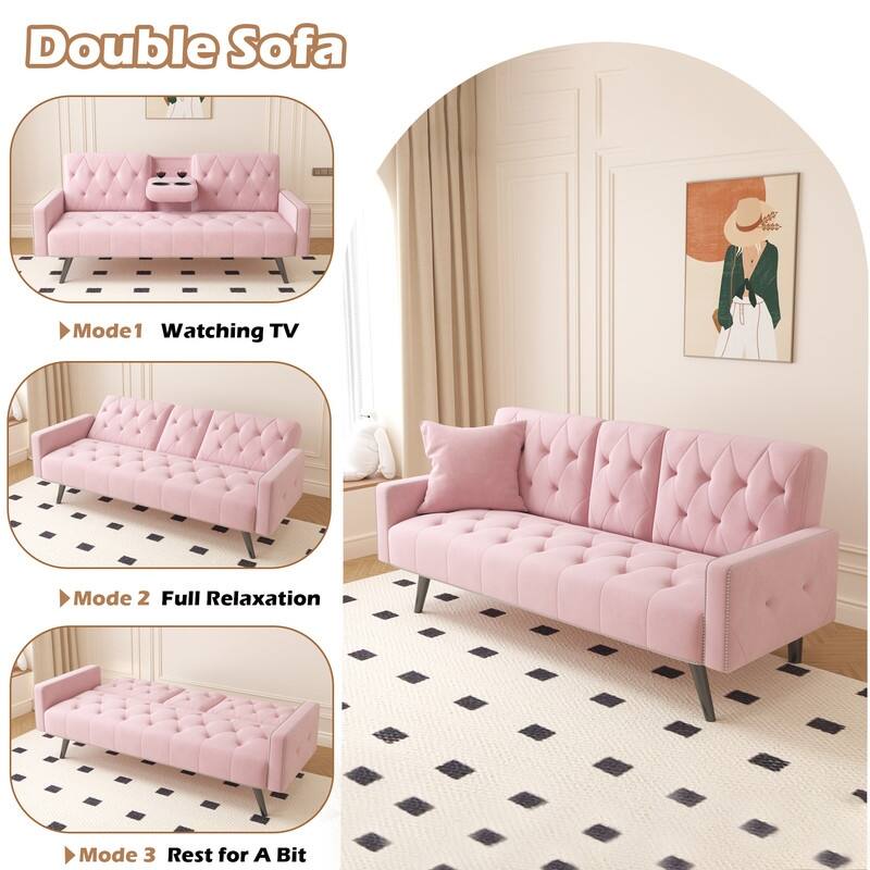 72 inch Velvet Sofa Bed With Two Cup Holders