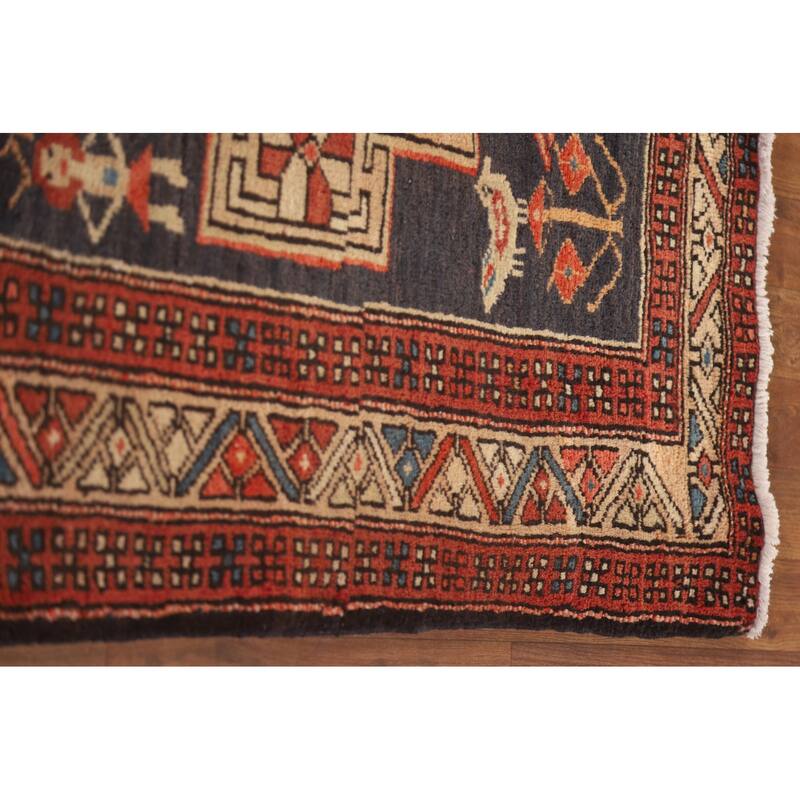Navy Blue Ardebil Persian Vintage Runner Rug Hand-knotted Wool Carpet - 3'9"x 10'8"
