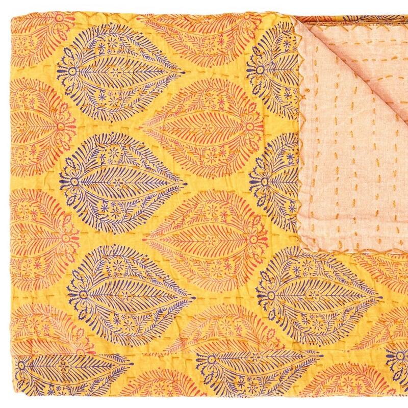 HomeRoots 50" X 70" Yellow and Peach Kantha Cotton Patchwork Throw Blanket with Embroidery