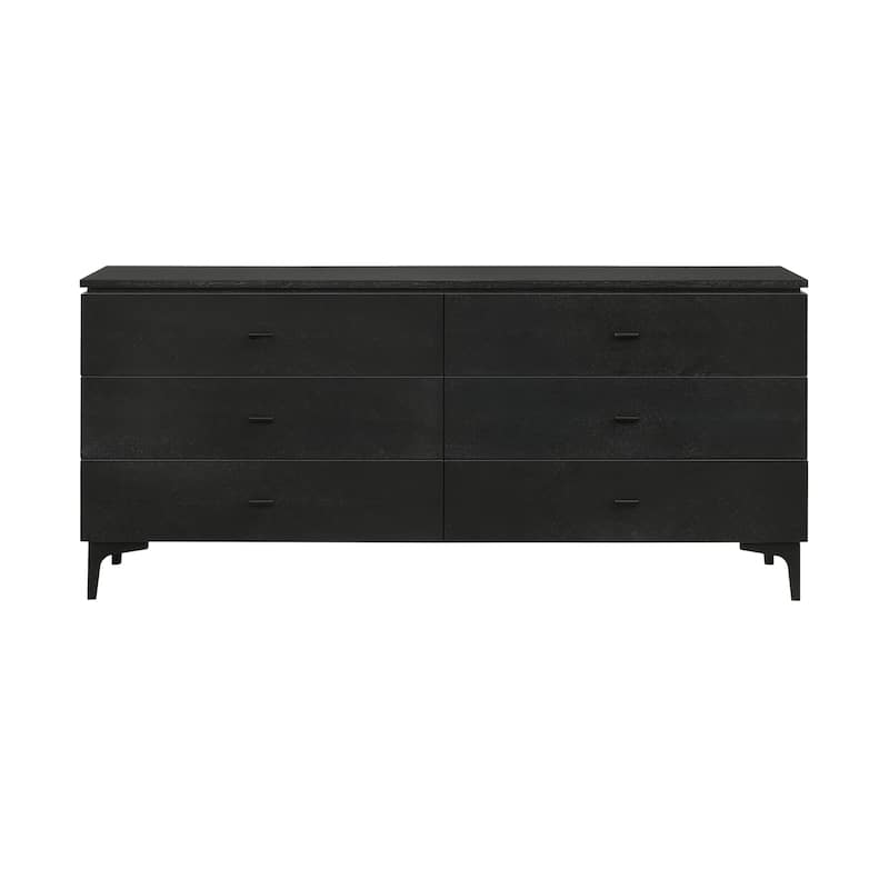 6 Drawer Dresser Black Glaze Ash Veneer Modern Bedroom Chest of Drawers Metal Legs 63" Wide